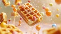 Floating Waffles with Colorful Candies and Water Droplets Royalty Free Stock Photo