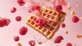Floating Waffles and Raspberries on Pink Background Royalty Free Stock Photo