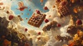 Floating Waffles and Raspberries in a Whimsical Sky Royalty Free Stock Photo