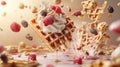 Floating Waffles with Raspberries and Whipped Cream Royalty Free Stock Photo