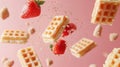 Floating Waffles and Strawberries on Pink Background Royalty Free Stock Photo