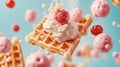 Floating Waffles with Whipped Cream and Raspberries Royalty Free Stock Photo