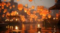 Floating on the water burning lanterns with candles flying off orange balloons into the sky, Hindu temples in the background.