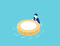 Floating on the water with rescue coin buoy. Financial crisis and reserve fund Royalty Free Stock Photo