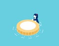 Floating on the water with rescue coin buoy. Financial crisis and reserve fund Royalty Free Stock Photo