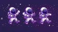 Floating in weightlessness, cute astronaut characters stand on one leg and show thumbs up. Cartoon astronaut, mascot Royalty Free Stock Photo