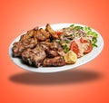 Floating White plate with Mixed meat grilled and salad