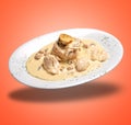 Floating White plate with Vol-au-vent and sausage Royalty Free Stock Photo