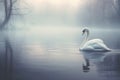 Floating white swan on a foggy lake