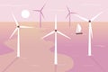 Floating wind turbines flat color vector illustration