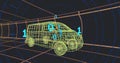Floating wireframe van moving in digital tunnel, with orange gridlines, radar circles, binary code Royalty Free Stock Photo