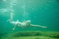 A floating woman. Underwater portrait. Girl in white dress swimming in the lake. Green marine plants, water