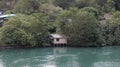 A floating wooden house surrounded by trees, hidden by a river skirt with green water