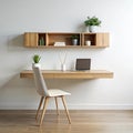 Floating wooden study desk with minimalistic wall panel Royalty Free Stock Photo
