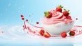 A floating yogurt swirl accompanied by fresh strawberries.