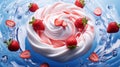 A floating yogurt swirl accompanied by fresh strawberries.