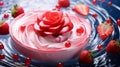 A floating yogurt swirl accompanied by fresh strawberries.