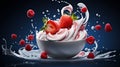 A floating yogurt swirl accompanied by fresh strawberries.