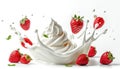 Floating yogurt swirl with strawberries on isolated background, Ai Generated