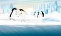 A flock of Adelie Penguin stands on the ocean shore with a glacier in the background. Birds of the South Field. Realistic vector l