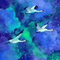 Flock of beautiful birds birds on a fantastic sky watercolor illustration. Galactic stars, night sky, bright lights