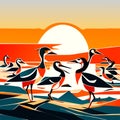 Flock of birds on the beach at sunset. Vector illustration. AI generated Royalty Free Stock Photo