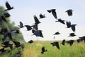 Flock of black birds crows and rooks fly flock over plem in autumn against blue sky Royalty Free Stock Photo