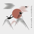 Flock of birds, ducks, geese fly into bright sun, mountains, clouds. White background and black birds. Minimalistic pattern