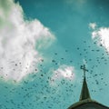 A flock of birds flies over the roof of the church in Nessebar against the background of a blue sky with clouds Royalty Free Stock Photo