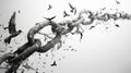 Flock of birds flying from broken chains, metaphor for freedom, hope, and new beginnings Royalty Free Stock Photo