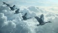 Flock of birds flying through the clouds Royalty Free Stock Photo