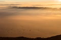 Flock of birds flying over a sea of mist at sunset Royalty Free Stock Photo
