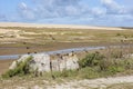 A flock of birds perched or flying around large rocks visible at low tide on the Fleet lagoon, near Portland Dorset Royalty Free Stock Photo