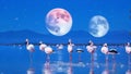 Flock of birds pink flamingo runing on the blue salt lake