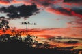 a flock of birds sits on the antenna of the house on the background of an incredibly beautiful evening sky Royalty Free Stock Photo
