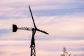 A flock of birds sitting on an old water pumping windmill; sunset sky background; California Royalty Free Stock Photo