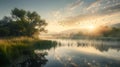 Flock of birds soar above a misty lake enveloped in fog and lush greenery, AI-generated. Royalty Free Stock Photo