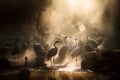 a flock of birds standing in a body of water near a forest filled with trees and fog at sunset or sunrise or dawn with the sun Royalty Free Stock Photo