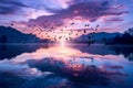 Birds Soaring at Sunrise over Tranquil Lake. Generative AI Royalty Free Stock Photo