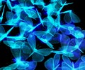 Flock of blue neon polygonal butterflies consisting of lines