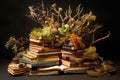 Stacked books and greened tree design on the importance of reading. Generative ai