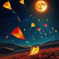 flock of colorful kites flying high in the creating vibrant and playful scene