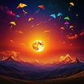 flock of colorful kites flying high in the creating vibrant and playful scene