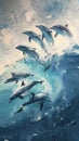 A flock of dolphins frolicking in the ocean waves jumps above the surface of the water