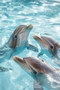 A flock of dolphins leaps out of the blue ocean water. Royalty Free Stock Photo