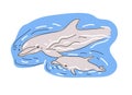 Flock of dolphins in the sea. Mom with a cub. Vector illustration.