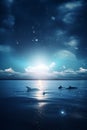 A flock of dolphins splashes in the open sea at night among the glowing stars reflected in the water. AI Generated