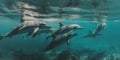 flock of dolphins in the sea near the surface swimming and hunting