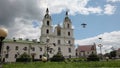 A flock of doves flying near an Orthodox church. ÃÂ¡athedral Belarus Minsk