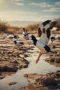 Magpie Goose Taking Flight Over Mudflats With Reflections in Water Puddles Royalty Free Stock Photo